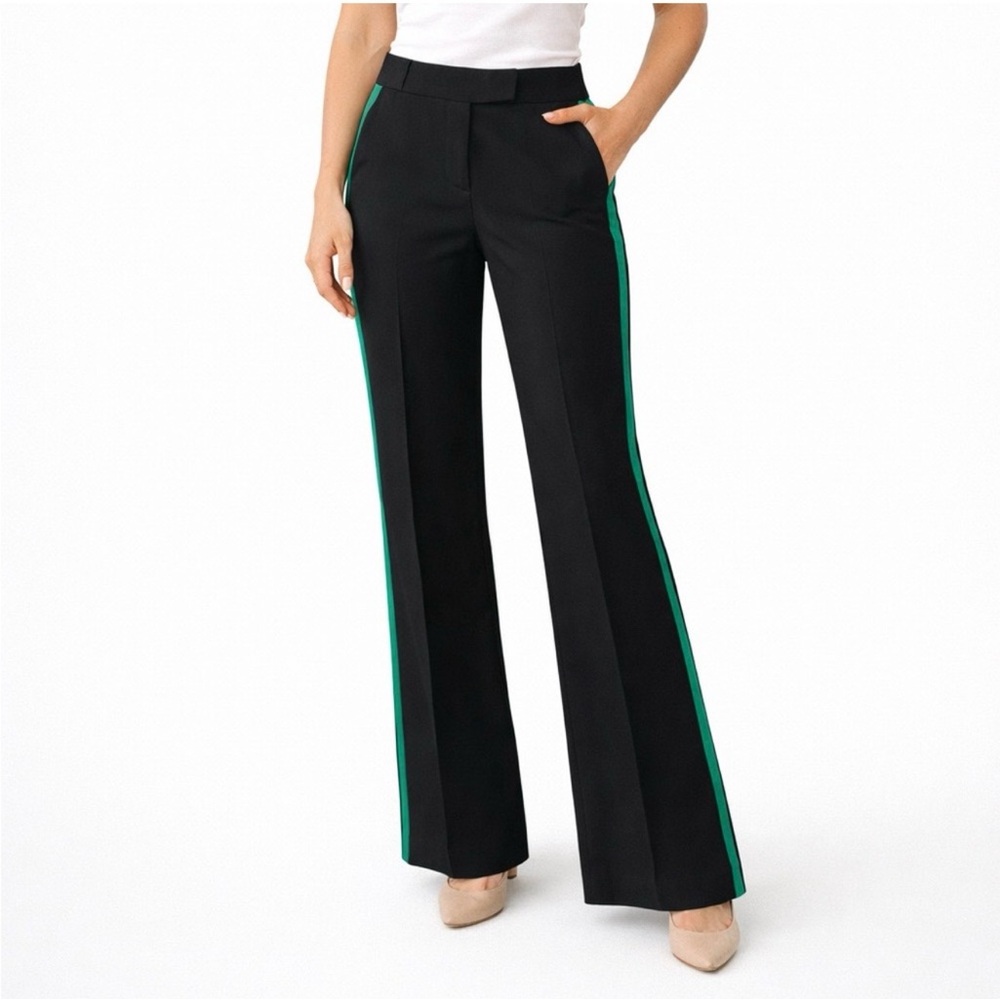 Theory Black Flare Trousers Green Side Stripe Pants Size 0 Stretch Career